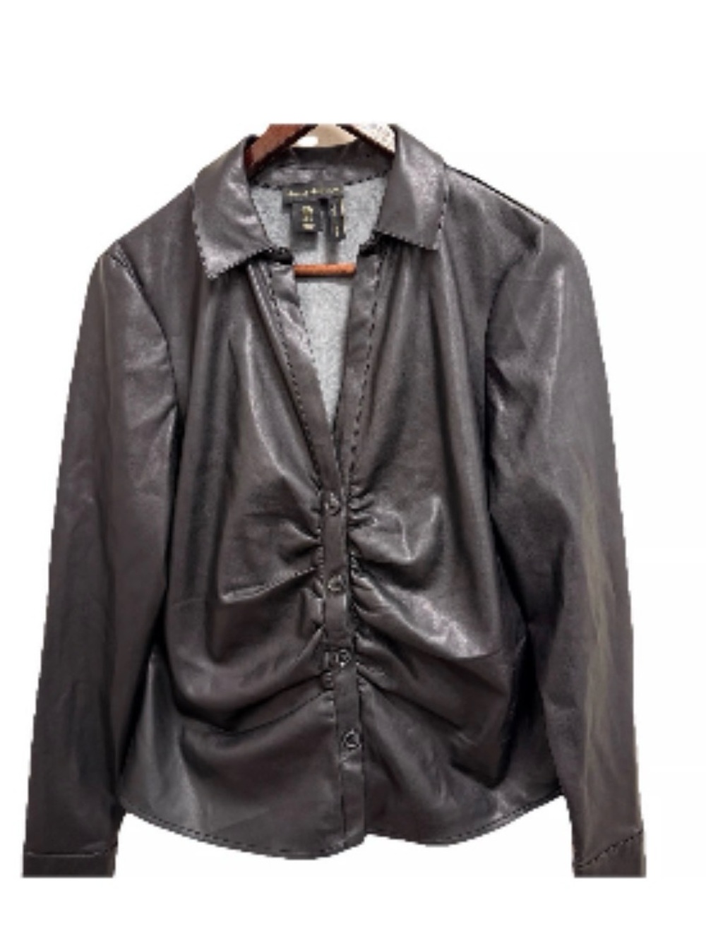 House of Harlow 1960 Black Vegan Leather Ruched Button Up Shirt XL